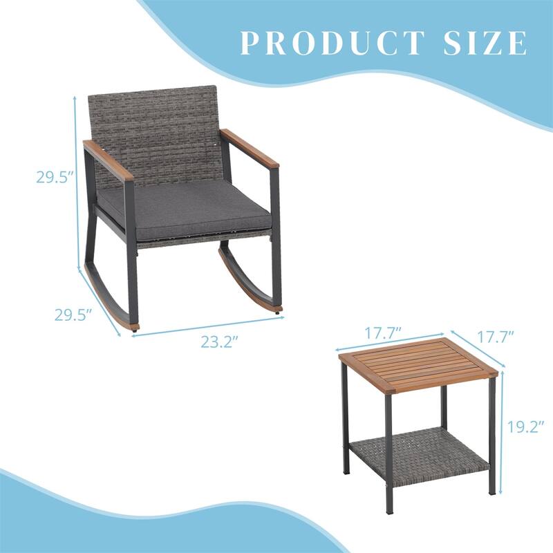 3 Pieces Rocking Wicker Bistro Set, Patio Outdoor Furniture Conversation Sets with Porch Chairs and Glass Coffee Table
