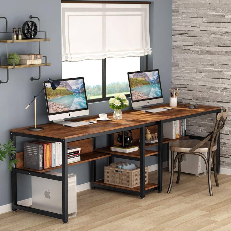 78.7" Double Desk for Two Person with Bookshelves with storage , Rustic Brown