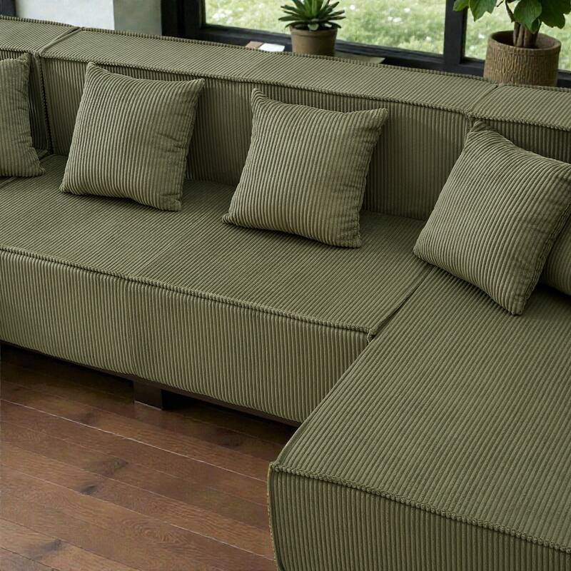 Modern 130" U-Shaped Sectional Sofa with RGB LED Lights, Corduroy Upholstery, 6 Pillows, Deep Seating Couch