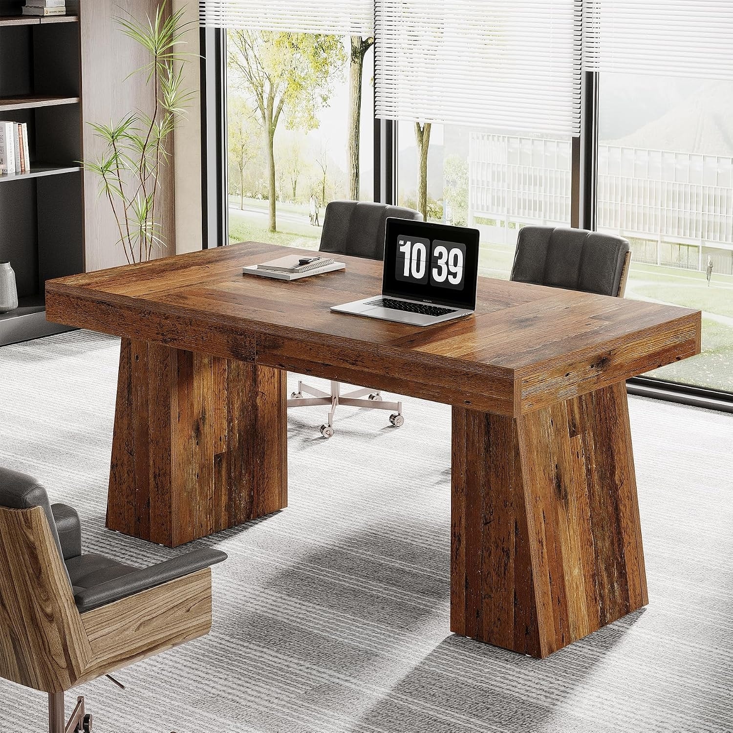 55 Inches Mid-Century Executive Desk with Double Trapezoid Base