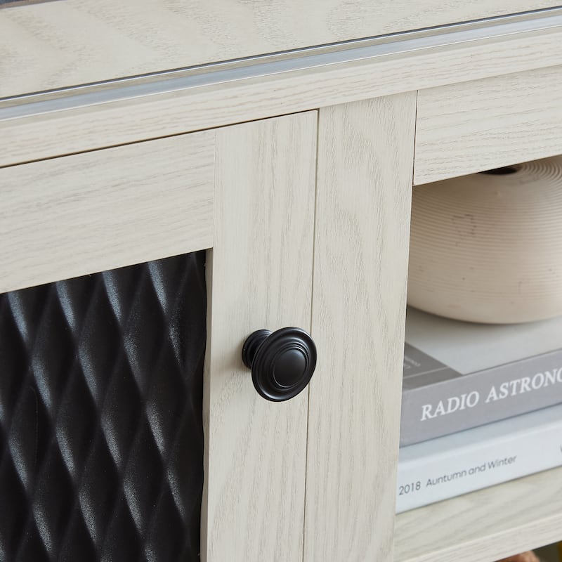 Modern Embossed Pattern TV Stand with 2 Large Cabinets and Open Shelving, for Living Room and Bedroom, White