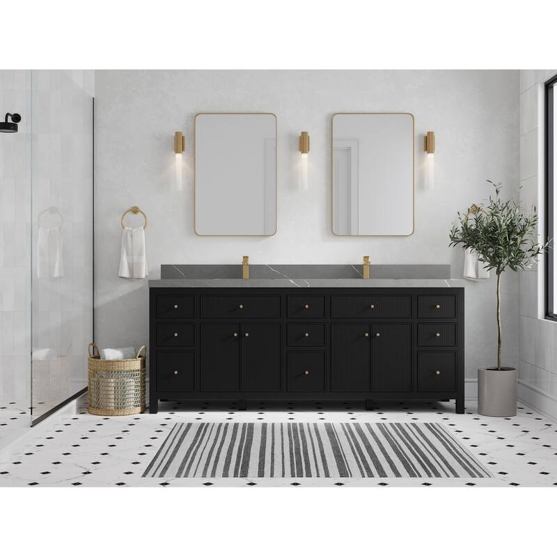 Willow Collections 84 in. W x 22 in. D Sonoma Free Standing Reeded Double Sink Bathroom Vanity with Countertop - 2" Piatra Gray - Black
