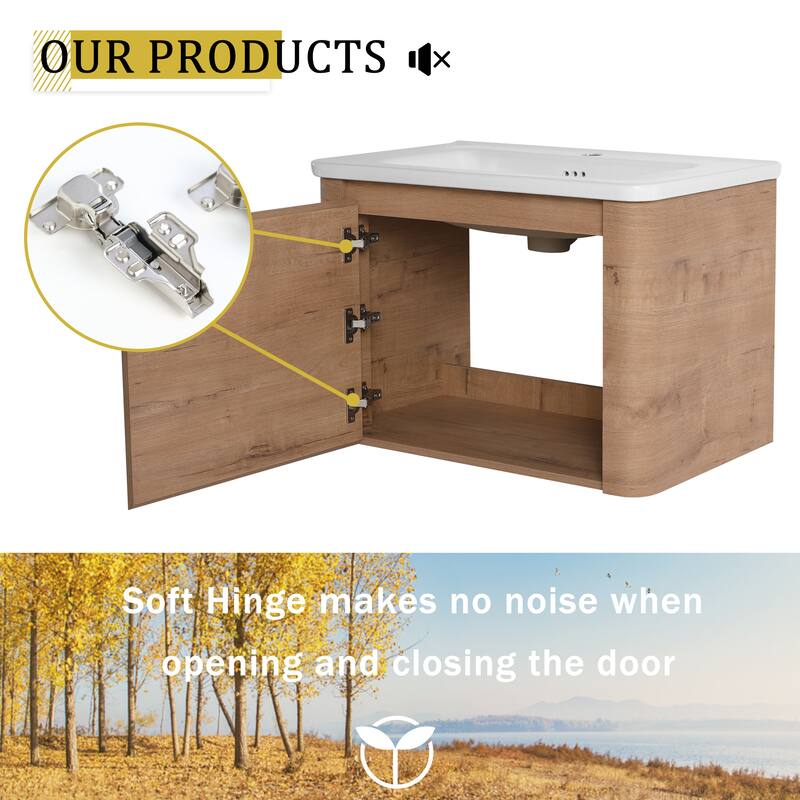 68'' Wall-Mounted Bathroom Vanity with White Ceramic Sink and Storage Shelves & 1-Soft-Close Door, KD-Packing, Plywood