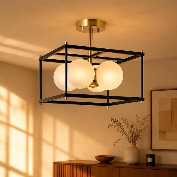 slide 2 of 10, Modern 4-Light Black Gold Chandelier Square Semi Flush Mount Frosted Glass Ceiling Light for Kitchen - L13.5" x W13.5" x H13.5"