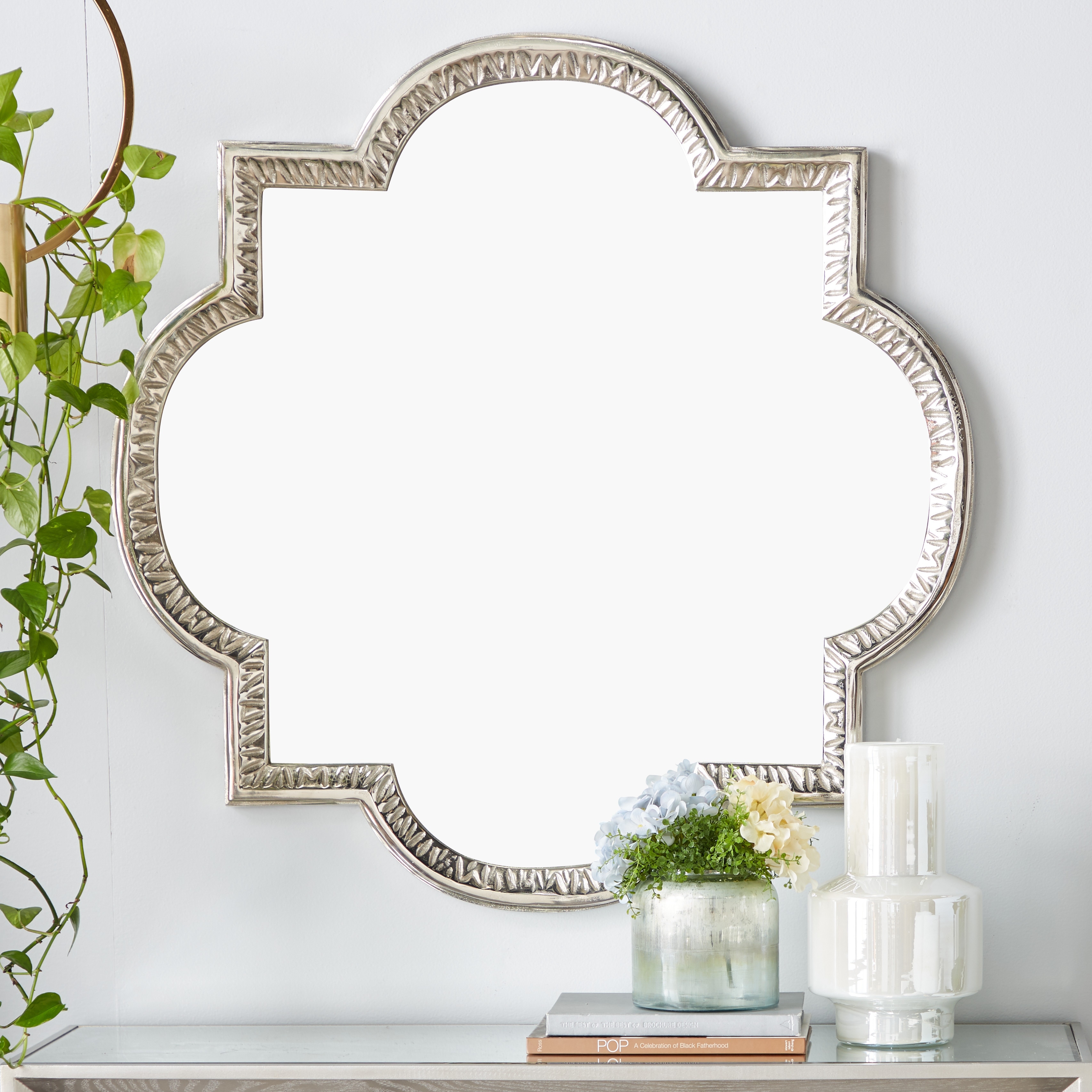 Gray Aluminum Metal Quatrefoil Engraved Room Wall Mirror