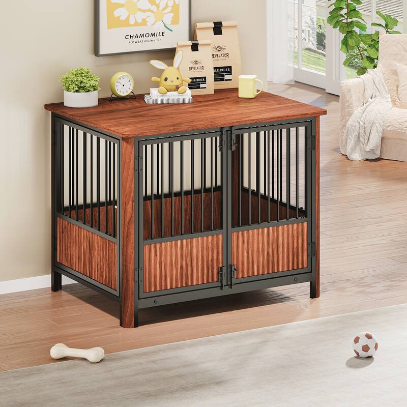 31.5'' Fluted Dog Crate Furniture, Indoor Dog House with 2 Doors, Decorative Dog Crates End Table for Small & Medium Dogs