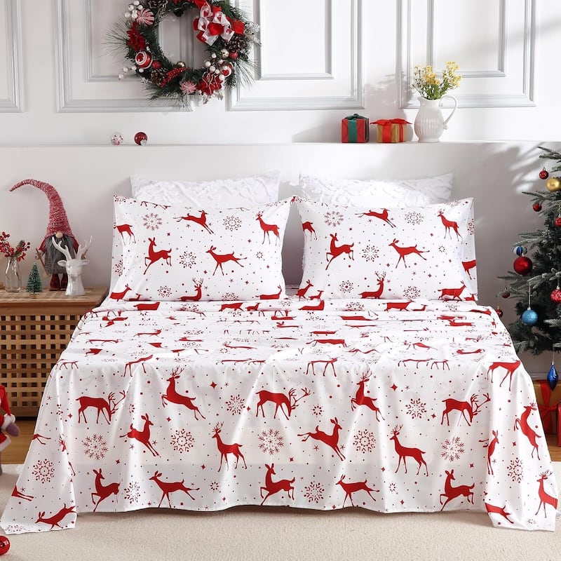Christmas Soft Red Reindeer Holiday Bed Sheets Set with 16 Inches Deep Pocket - King