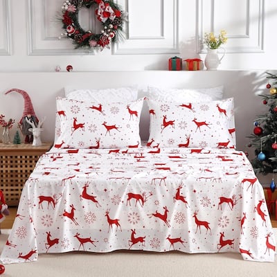 Christmas Soft Red Reindeer Holiday Bed Sheets Set with 16 Inches Deep Pocket