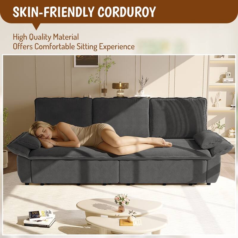 94.5" King Size Corduroy Sleeper Sofa with Pull-Out Bed, 3-in-1 Convertible Design
