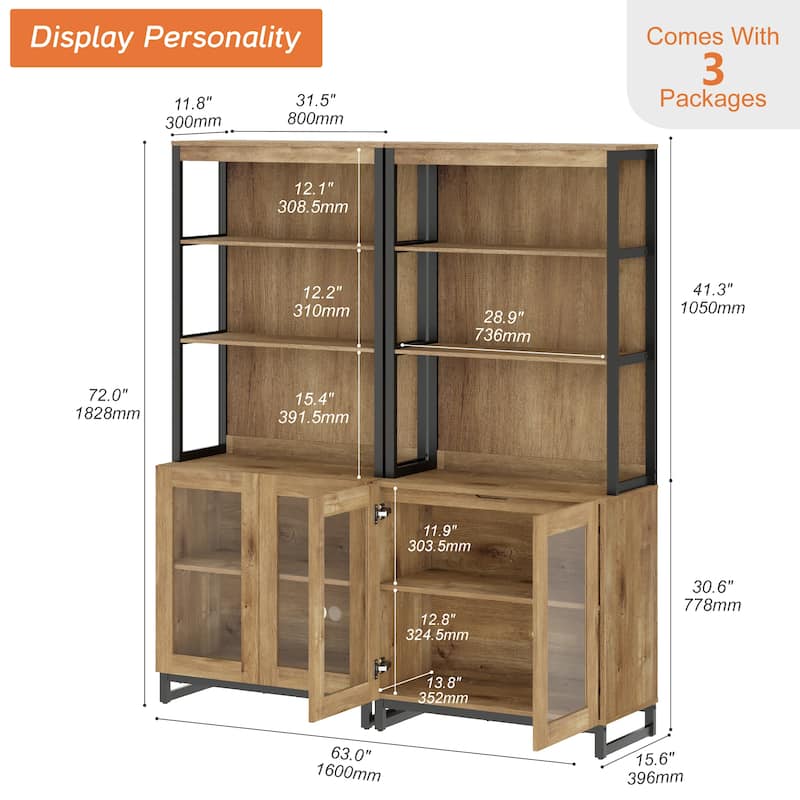 2 PCS Modern 72" Tall Bookcases with Glass Doors and Adjustable Shelves for Home Office, Living room.