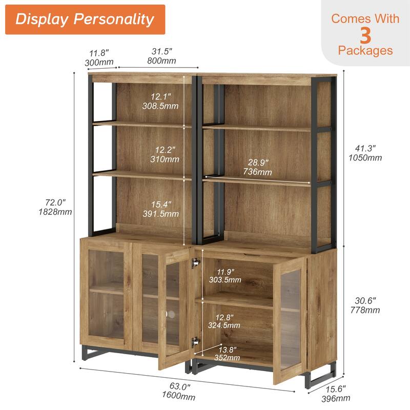 2PCS Modern 72" Sideboard with Glass Doors and Adjustable Shelves, Multifunctional Buffet for Dining Room or Kitchen