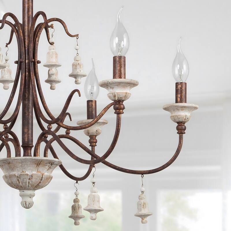 Farmhouse 6-Light Wood Chandelier French Country Candle Ceiling Light for Dining Room - D 26.5" x H 22.5"