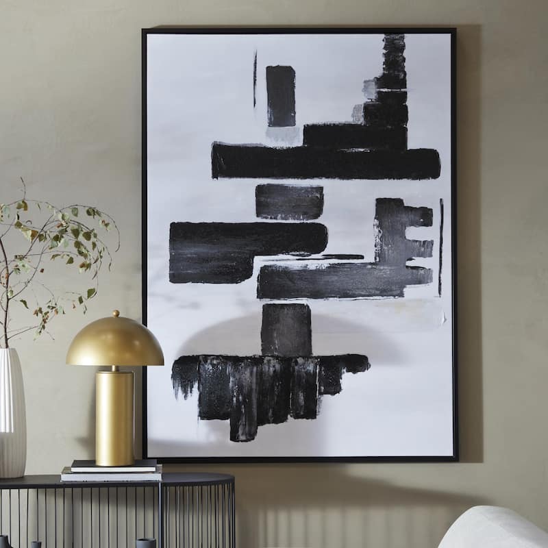 Canvas Abstract Lines and Shapes Living Room Framed Wall Art with Black Frame - Black - Roche River Decor