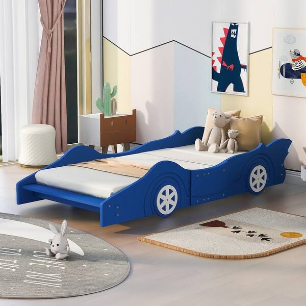 slide 2 of 12, Twin Size Race Car-Themed Platform Bed with Functional Wheels Unique Design, High-Quality Construction Blue