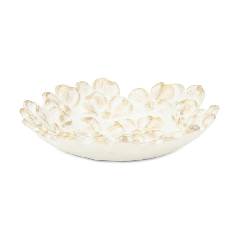 HomeRoots 7" White And Gold Cast Iron Flower Round Trinket Tray - 7.00 in. x 1.62 in. x 7.00 in.