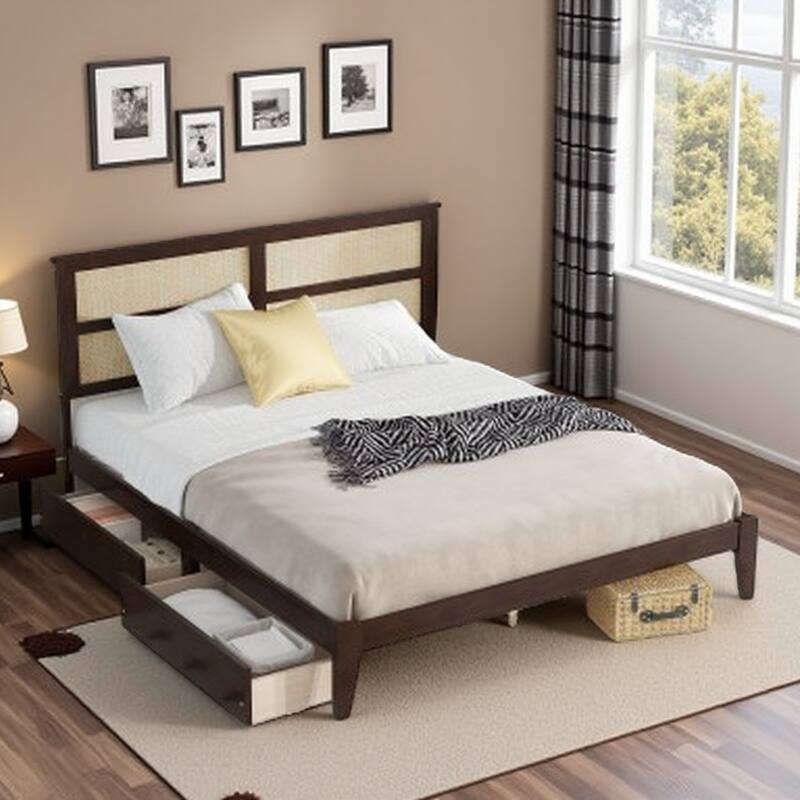 King Size Bed with Rattan Headboard, 2 Under-Bed Storage Drawers, Solid Rubber Wood Frame with Enhanced Support - King Espresso - King