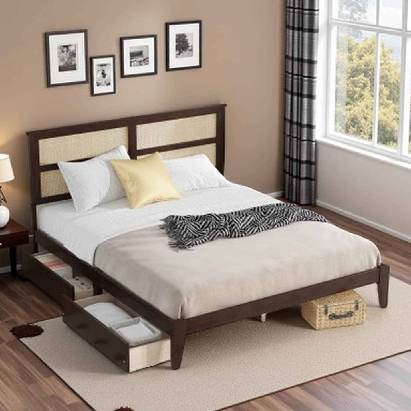 King Size Bed with Rattan Headboard, 2 Under-Bed Storage Drawers, Solid Rubber Wood Frame with Enhanced Support