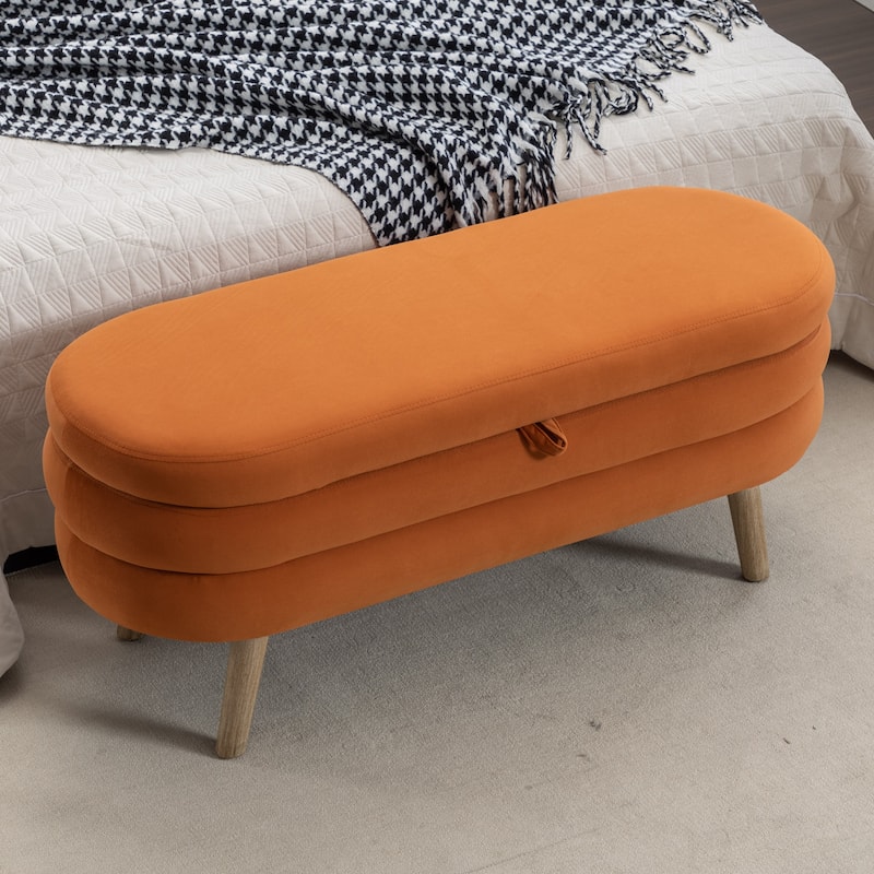 Velvet Fabric Storage Bench With Wood Legs For Living Room Bedroom