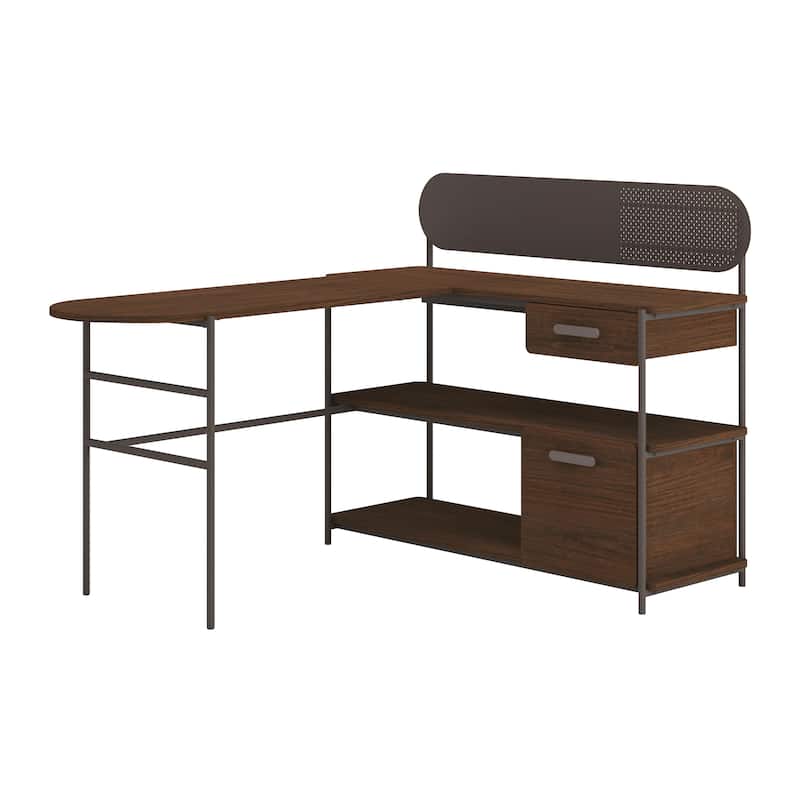 Wood L-Shaped Desk with 2 smooth-glide Drawers, Brown