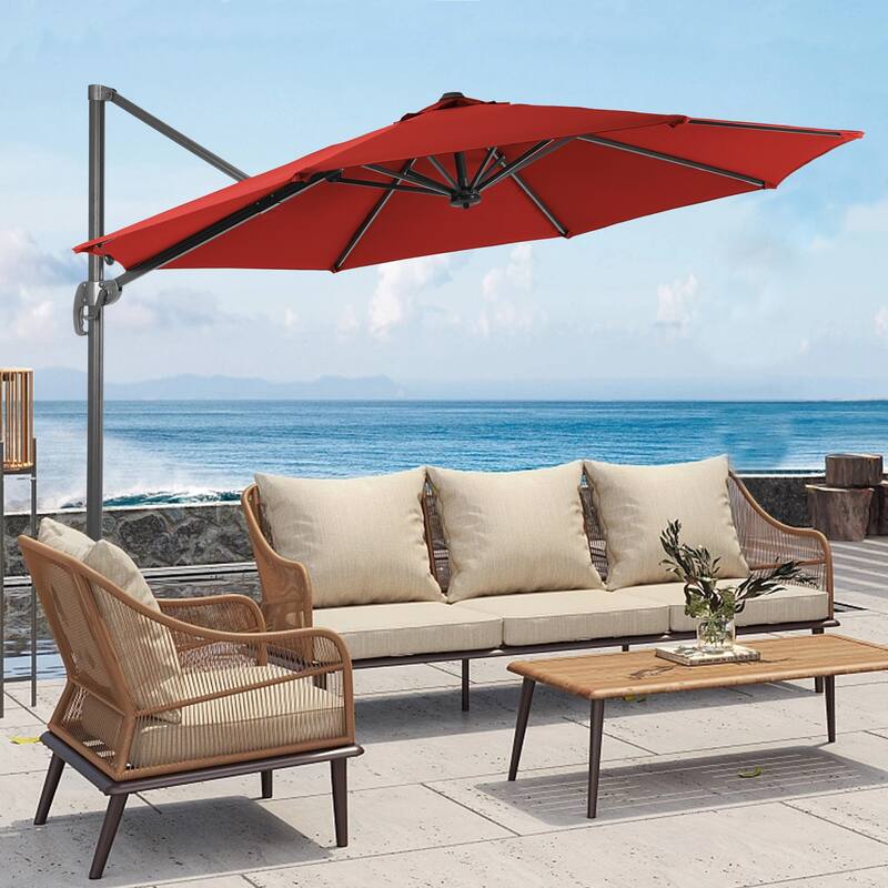 LIVOOSUN 11FT Cantilever Patio Umbrella 240g Solution-Dyed Fabric - Red