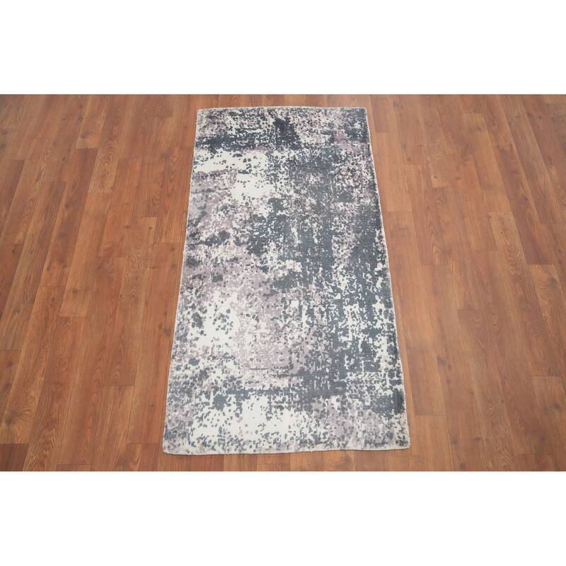 Hand Knotted Oriental Viscose Silk Carpet Modern Abstract Greys & Charcoal Abstract Area Rug - 4' 0'' X 2' 0''