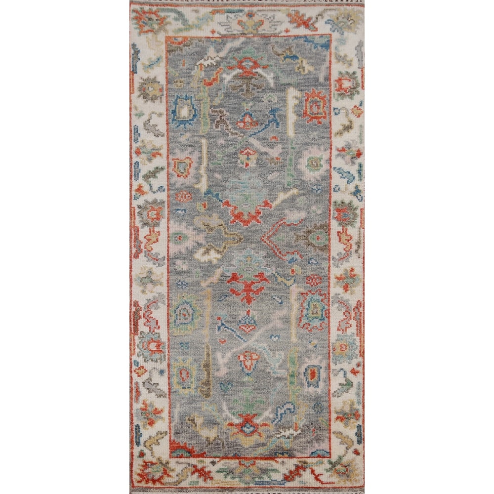 Gray Ivory Oushak Oriental Rug Hand-Knotted Wool Carpet - 2'7" x 6'2"