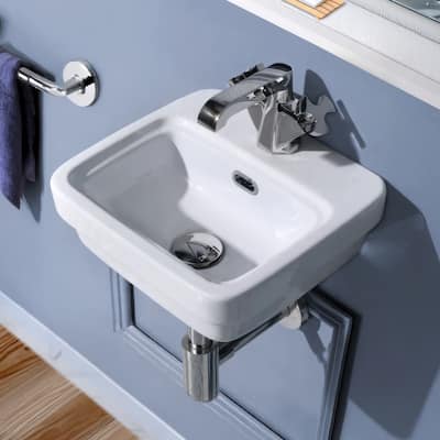 13" Rectangular Wall Mount Basin with Overflow Control Ledge, Single Faucet Drilling and Overflow - 13" - 1 Hole