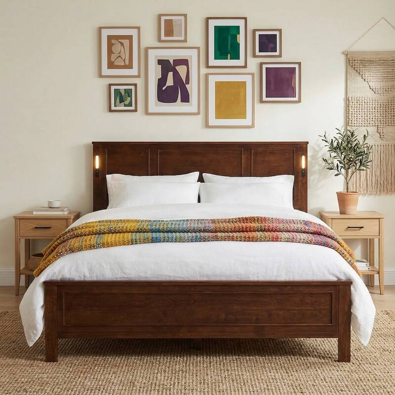 Javlergo Pine Wood Platform Bed with Tall Headboard USB Charging Station LED Lights No Box Spring Needed 9" Underbed Storage