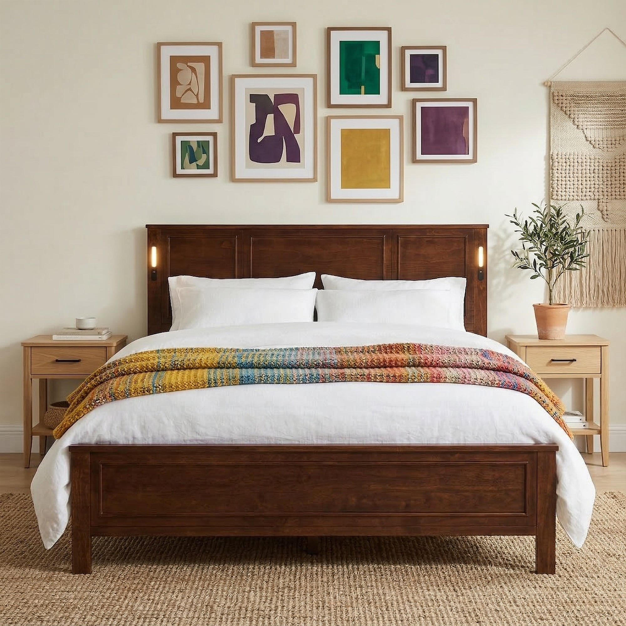 Javlergo Pine Wood Platform Bed with Tall Headboard USB Charging Station LED Lights No Box Spring Needed 9" Underbed Storage