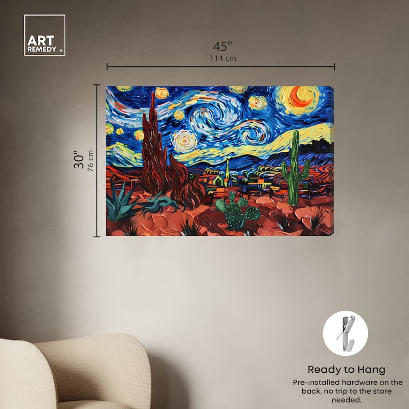 Art Remedy Desert Night Stars Gallery Wrapped Impressionism 1 Piece Canvas Wall Art /Monet And Van Gogh Inspired Art