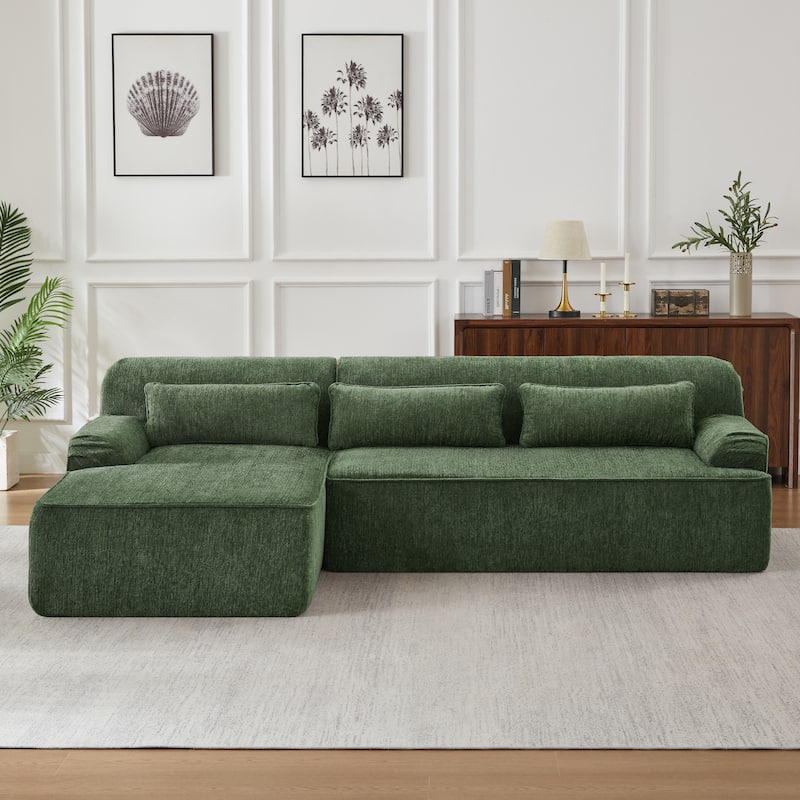 Mnimalist L-shaped Sectional Sofa with Chaise Lounge, Chenille Compressed Sleeper Couch with Storage Side Pockets and Pillows - Green