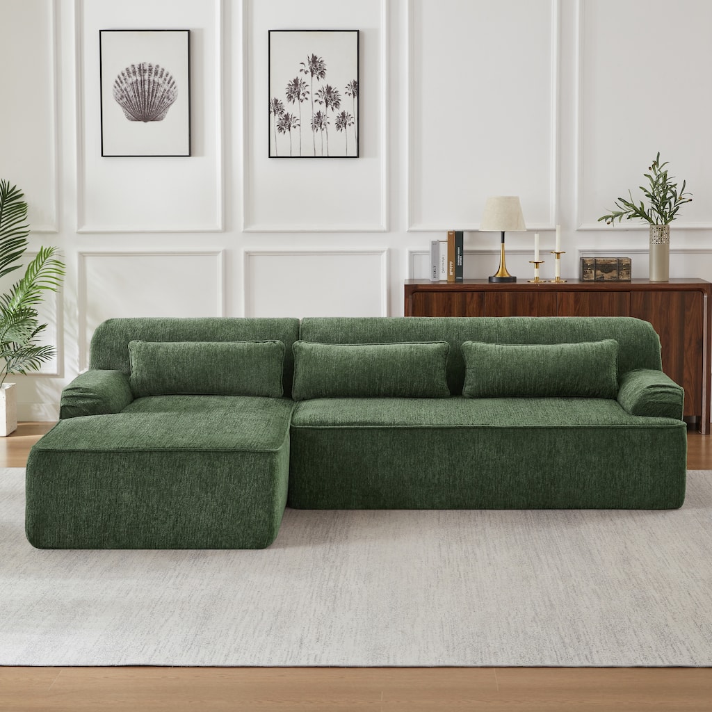 Mnimalist L-shaped Sectional Sofa with Chaise Lounge, Chenille Compressed Sleeper Couch with Storage Side Pockets and Pillows