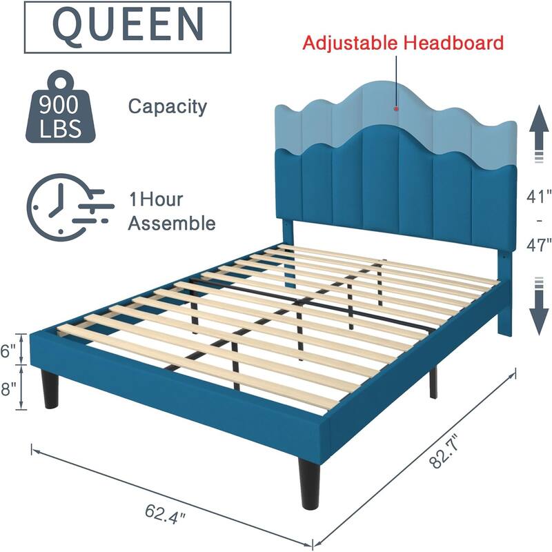 VECELO Modern Upholstered Platform Bed with Adjustable Headboard, Dark Blue/ White/ Grey/ Beige Bed Frames