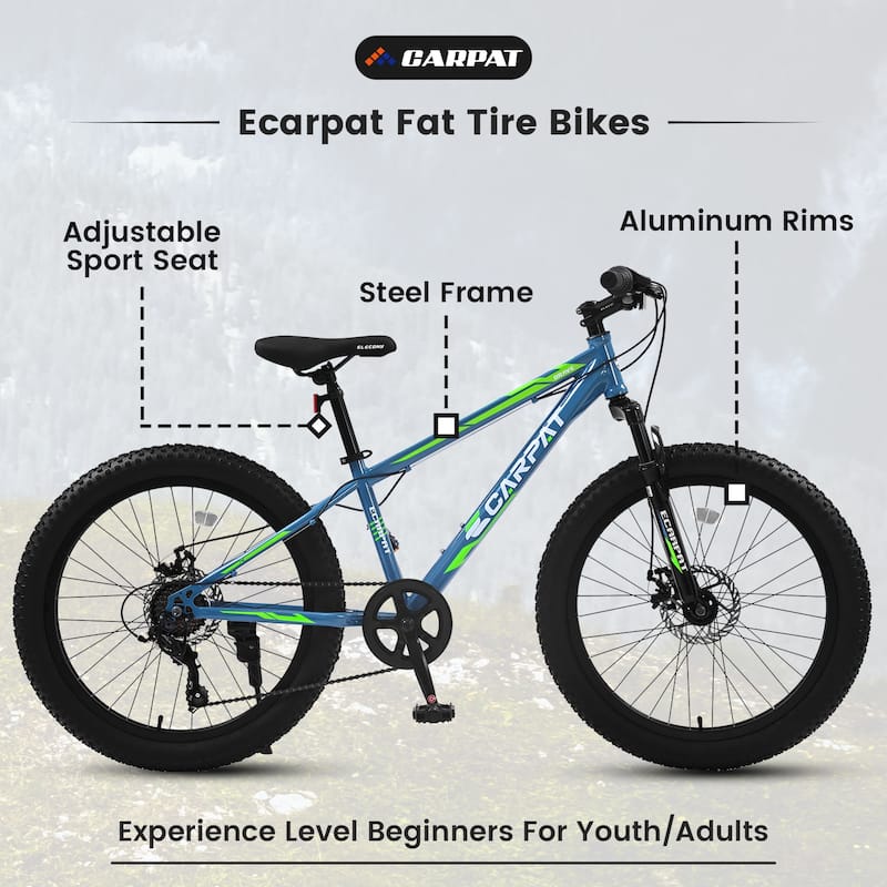 Fat Tire Mountain Bike - Shimano 7 Speeds, Dual Disc Brake, High-Carbon Steel Frame, Front Suspension, Adult/Youth - 24