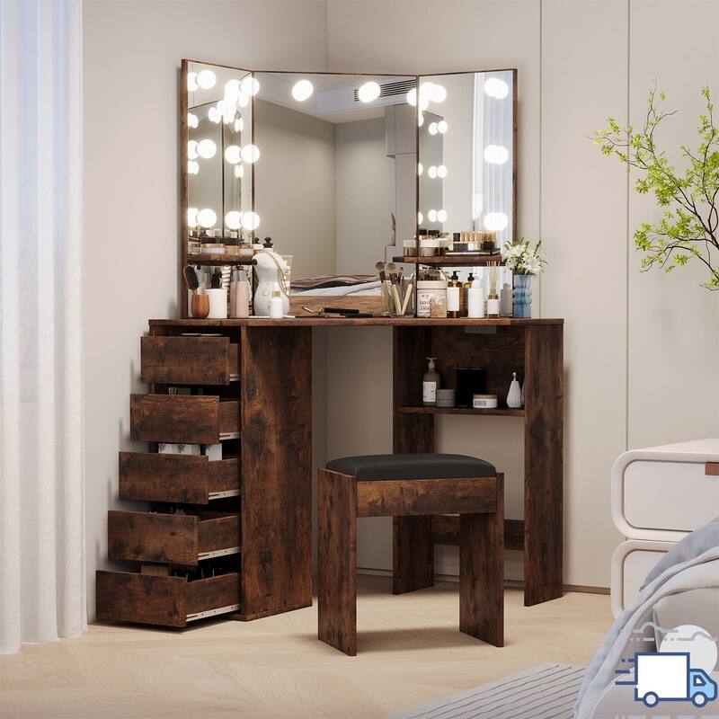 Corner Vanity Desk with Lighted Mirror and Stool, 5 Drawers, Charging Station
