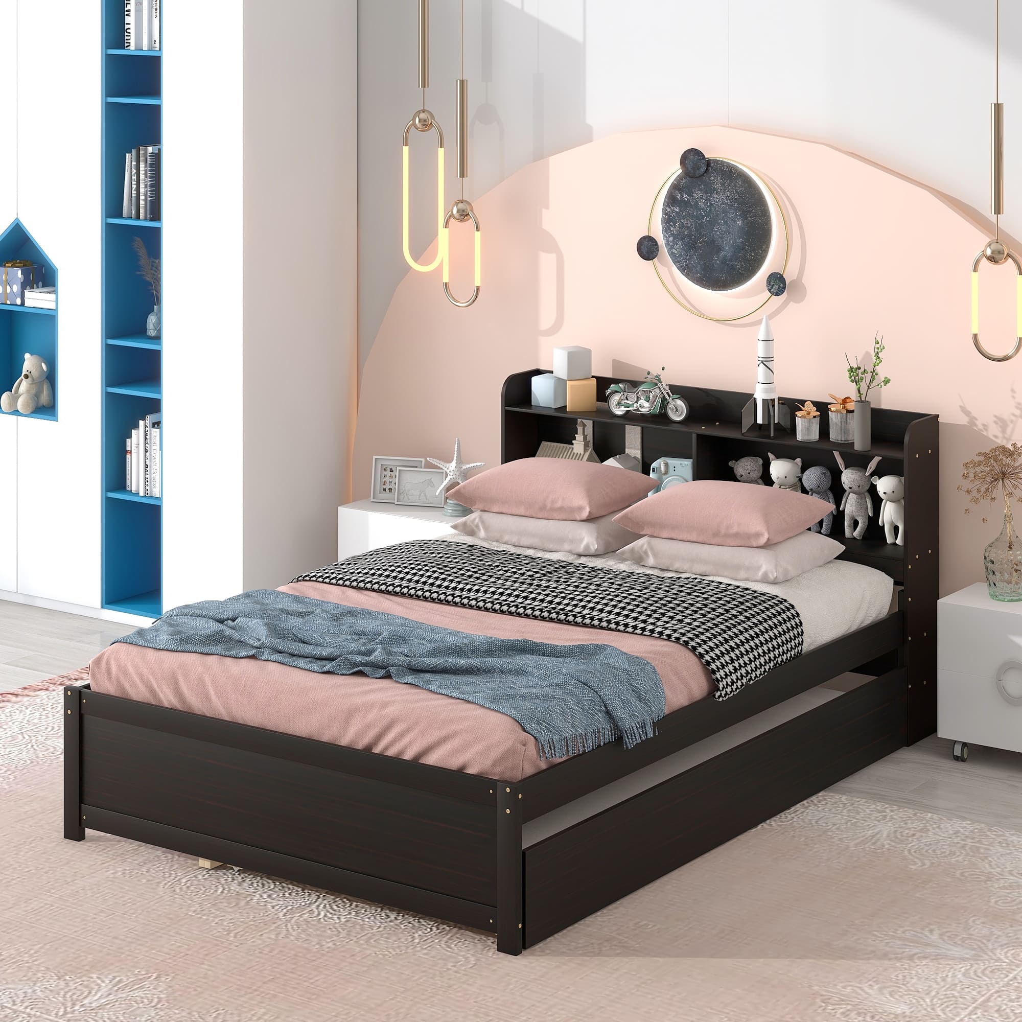 Full Bed Storage Headboard Wood Slatted Frame Pullout Bed with Trundle