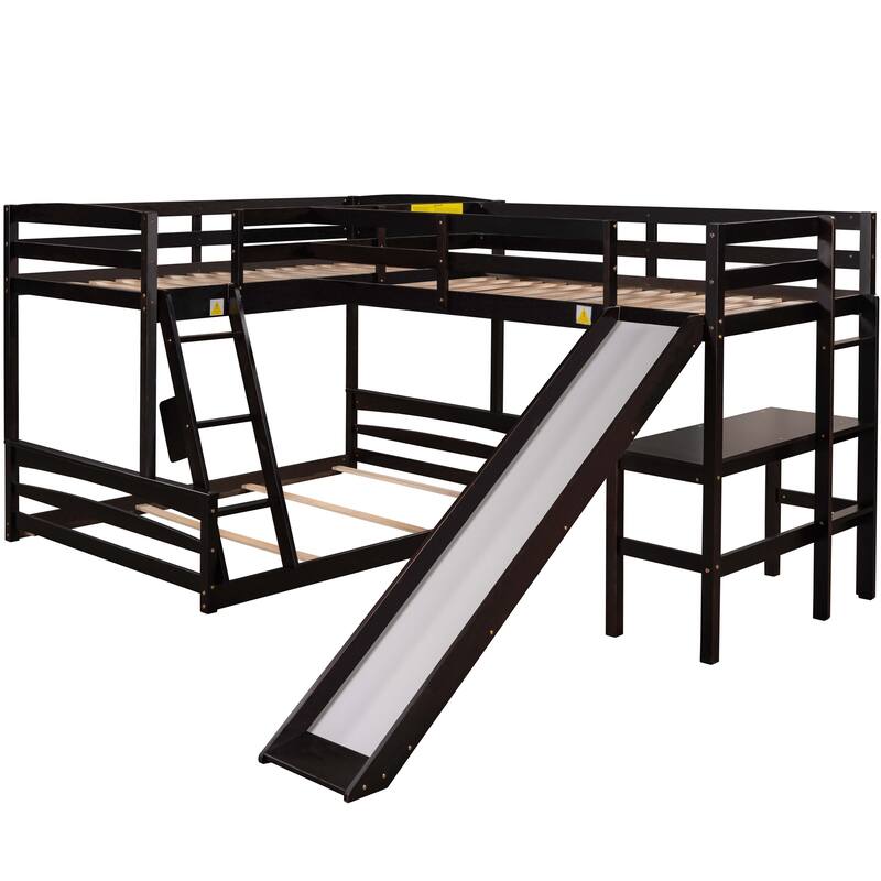 LShaped Triple Bunk Bed with Slide, Twin Over Full Bunk Bed with Twin