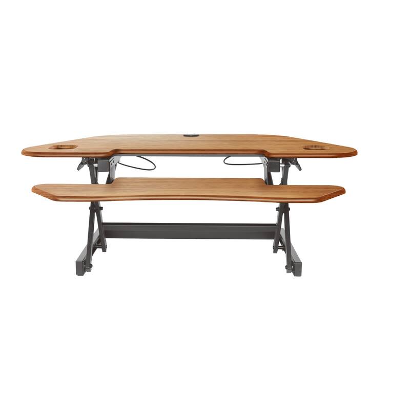 Rocelco 46 in. W Beige Height Adjustable Corner Standing Desk Converter Dual Monitor Riser with Gas Spring Assist System