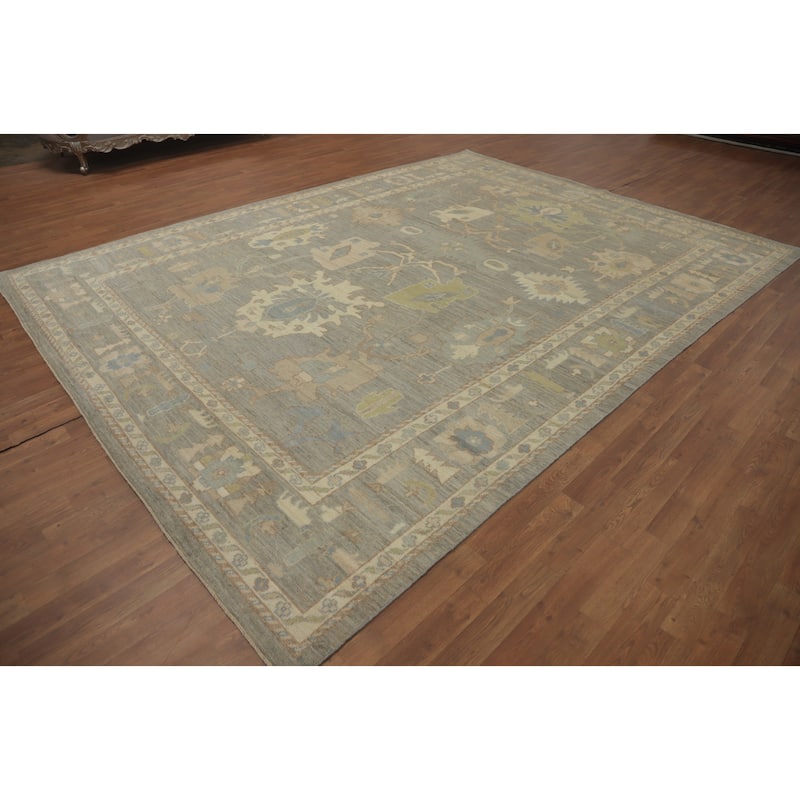 Vegetable Dye Wool Oushak Turkish Area Rug, Floral Geometric Carpet - 12' 0'' X 8' 10''