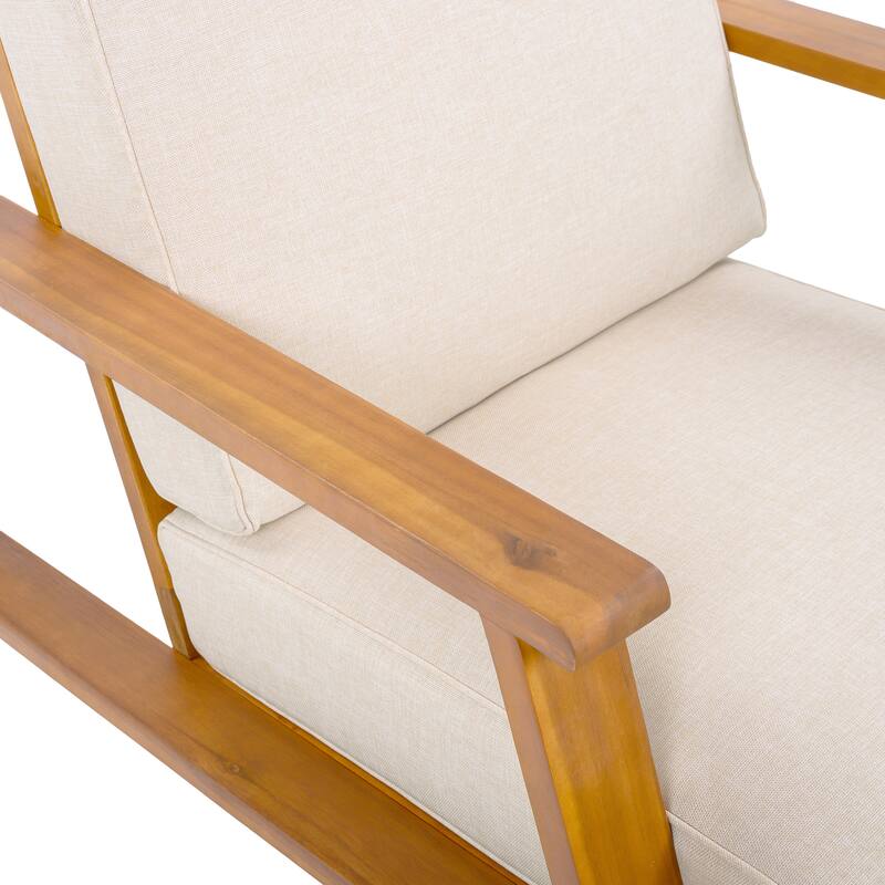 Roomfitters Outdoor Patio Lounge Chair, Acacia Wood Frame with Beige Cushions, Modern Club Chair for Garden Deck