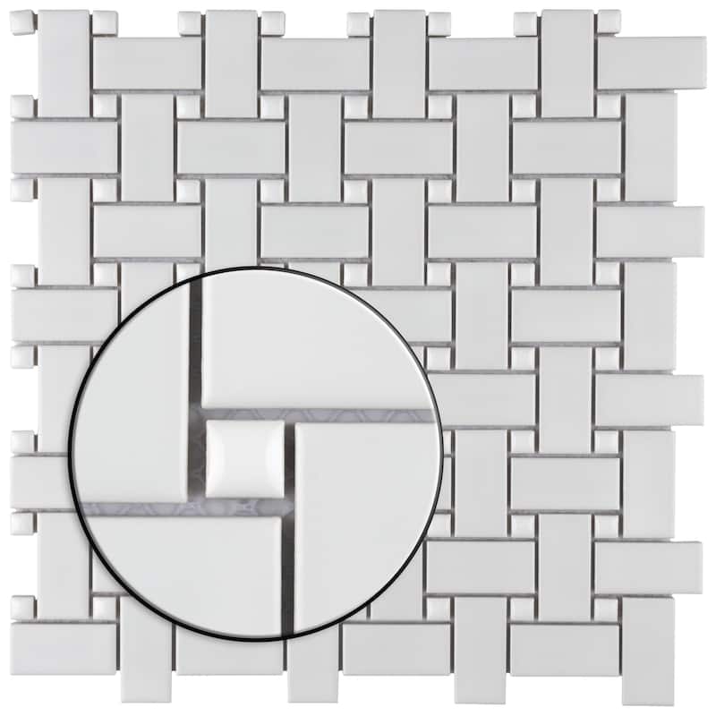 Merola Tile Metro Basketweave White w/ Glossy White Dot 11-3/4" x 11-3/4" Porcelain Floor and Wall Tile