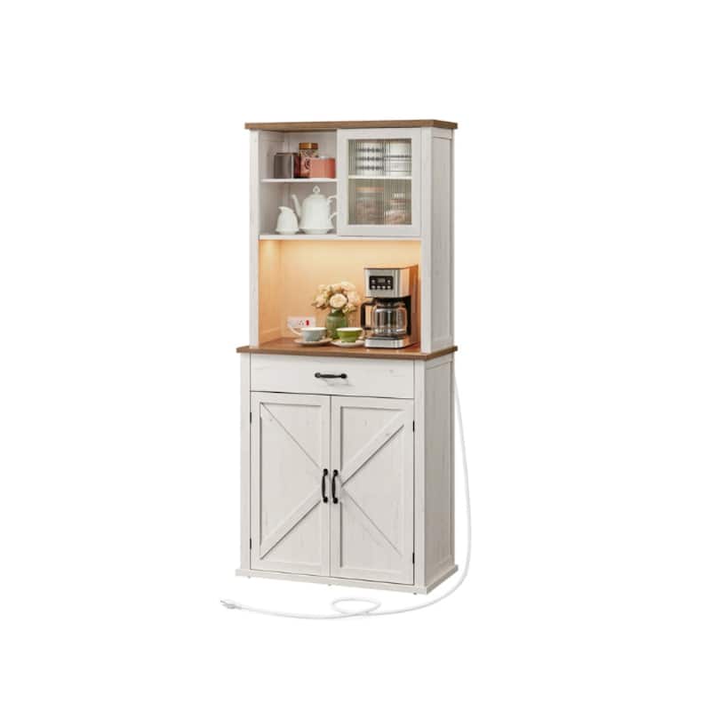 71" Modern Kitchen Pantry Storage Cabinet with Adjustable Light and Charging Station for Bar or Dining Room - Rustic White