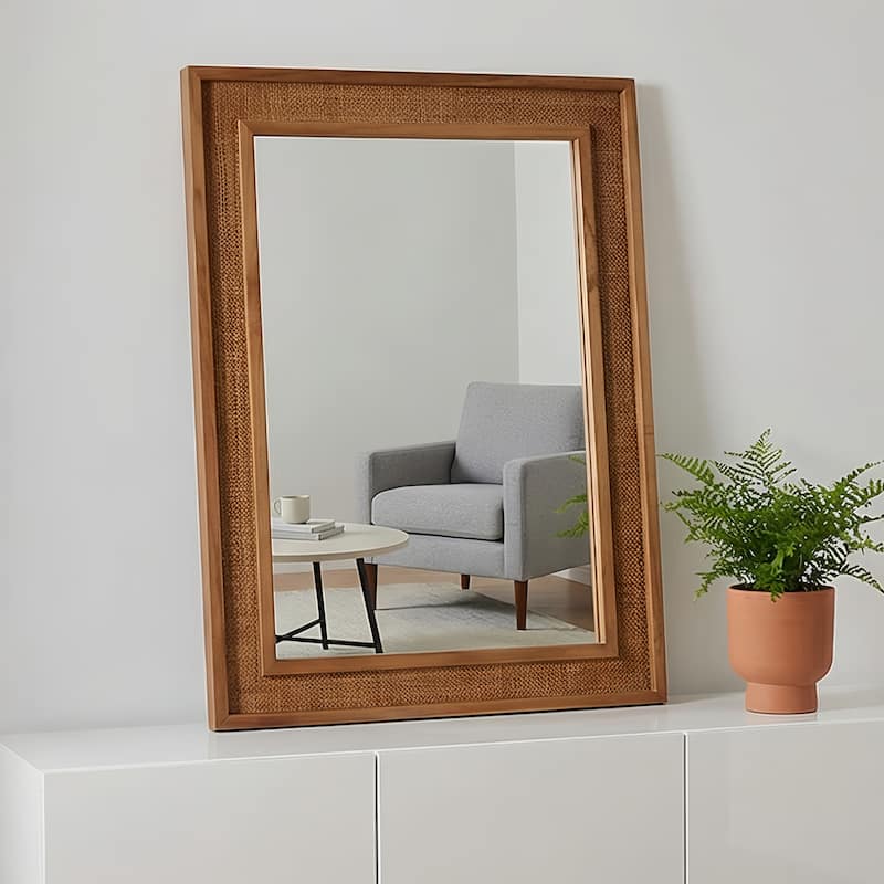 20"x30" Rattan Rectangle Solid Wood Frame Decorative Mirror,For Farmhouse,Bathroom,Home Decor,Entryway