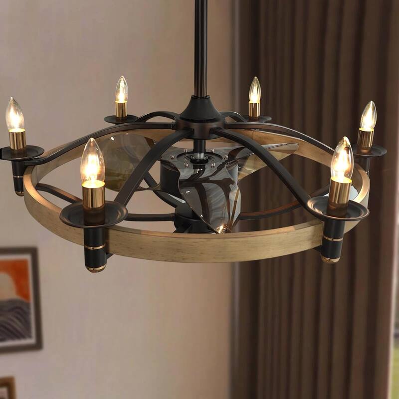 23"/32" Modern Chandelier LED Ceiling Fan with Remote,Wood Grain Caged Fandelier - 32 Inches