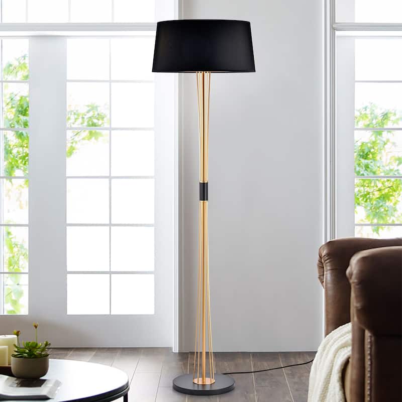 Vinnie Matte Black+Gold Laminated Fabric Drum Shade 3-Light Floor Lamp