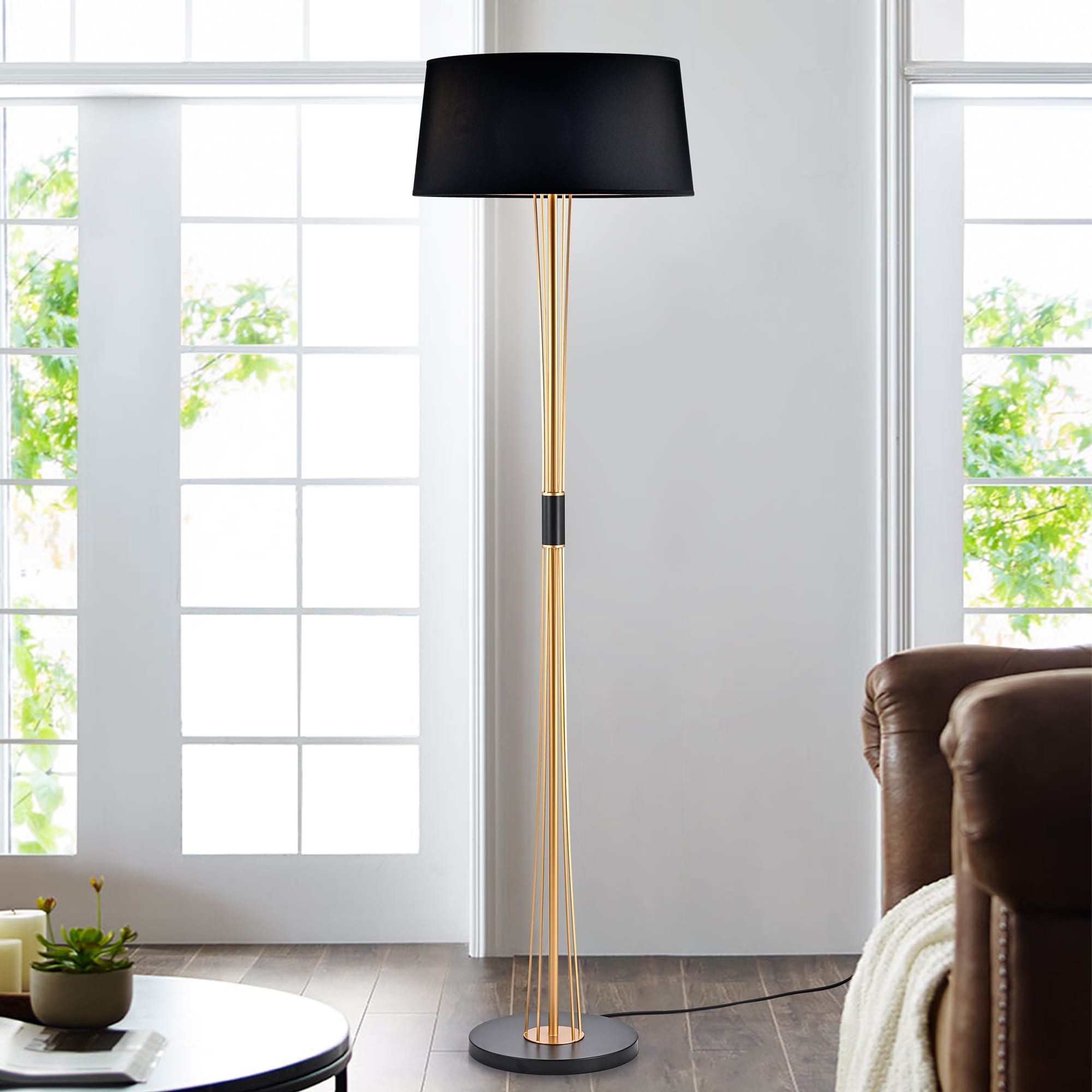 Warehouse of Tiffany Vinnie Matte Black+Gold Laminated Fabric Drum Shade 3-Light Floor Lamp