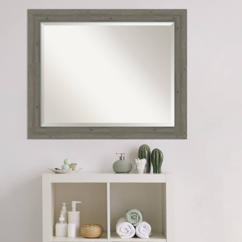 Beveled Wood Bathroom Wall Mirror - Fencepost Grey Narrow Frame