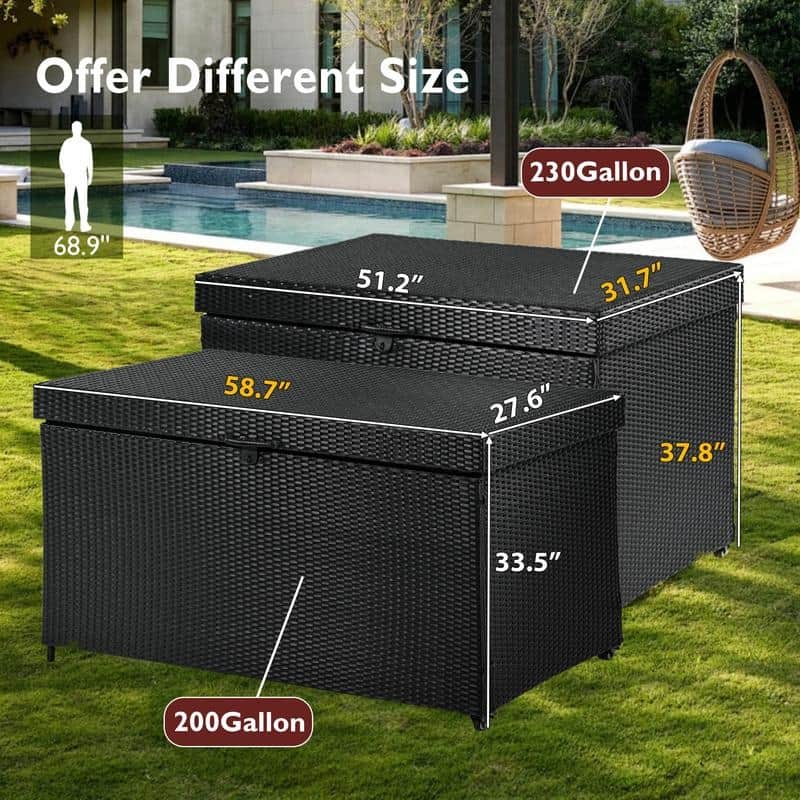 230-Gallon All-Weather Wicker Deck Storage Box With Wheels, Rattan Patio Organizer For Outdoor Furniture, Garden Tools.