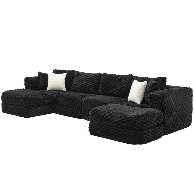 Modular Sectional Sofa with Bubble Velvet Upholstery, 2 Movable Ottomans and 4 Throw Pillows for Living Room