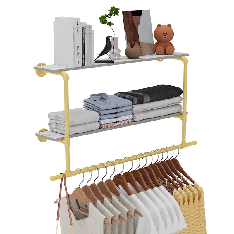 Wall Mounted Clothes Rack with Shelf Industrial Pipe Garment Rack Bar - 45.7x7.56x26.6 inch